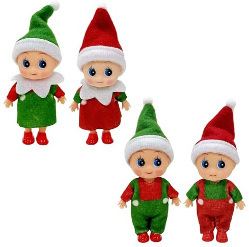 4 Stück Weihnachtselfen Figuren Mini Elfen für Jungen Mädchen,Rot Grüne Mini Puppe Elf Weihnachten Baby Winziger Weihnachtself für Weihnachten Neujahr Geschenk,Weihnachtsstrumpffüller