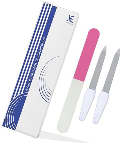 XE Nail Files and Buffer Set - 2 Pcs Disposable Metal Double Sided Disposable Nail File with 3 Way Nail Buffer Stick for Buffing Gel, Acrylic and Natural Nails, Ideal Manicure and Pedicure Tool