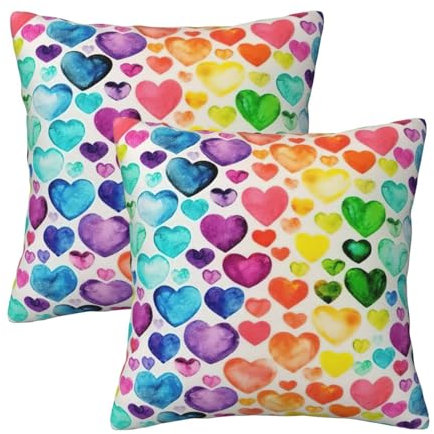 WURTON Federa decorativa per cuscino con stampa di cuori arcobaleno, anallergica, qualità alberghiera, con cerniera