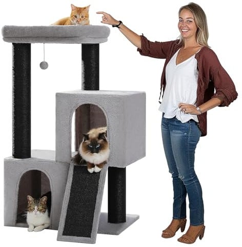 PETEPELA Árbol rascador grande de 11 cm de grosor, troncos con doble cueva extremadamente grande, totalmente cubierto de sisal, adecuado para gatos grandes, 114 cm, negro y gris