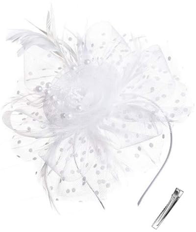 KAIAIWLUO Fascinator Hut,Vintage Schleier Mesh Stirnband Frauen Weiß Untertasse Sinamay Stirnband Kirche Haarschmuck Hochzeit Ascot Hut Hatinator Vogelkäfig Schleier Feder Mesh Gesicht für Tea Party