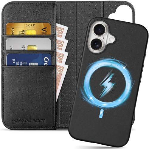 SHIELDON Genuine Leather Detachable Wallet Case for iPhone 16 Plus, Black | Magnetic Wireless Charging, Card Holder, RFID Blocking, Kickstand, Shockproof Removable Flip Cover, Full Protection