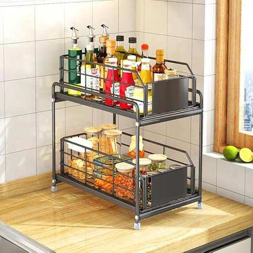 SOONHUA Scaffale portaoggetti sotto il lavandino, 2 ripiani in metallo estraibili da cucina, sotto il lavandino, organizer scorrevole per cucina, bagno, dispensa, armadio