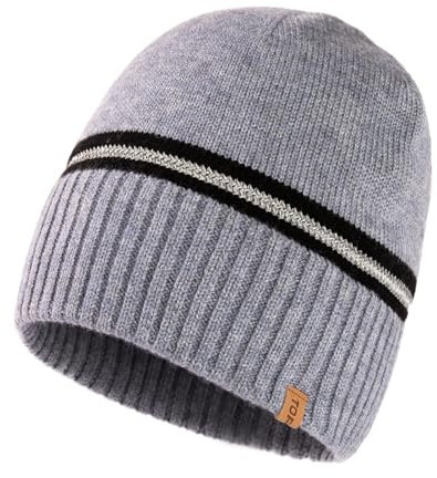 TOP-EX M/L/XL Unisex 50% Merinowolle Beanie Warme Wintermützen Doppellagige Strickmütze mit Reflektorstreifen Grau