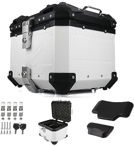 Motorrad-Topcase, Kofferraum, abschließbare Aufbewahrung, Motorrad-Tour-Heckbox, Aluminium mit Sicherheitsschloss, Schnellverschlusssystem, universell, 45 l, Schwarz/Weiß/Silber (Farbe: Creme) (Crem