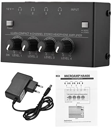 Funien Amplificateur de casque stéréo ultra-compact à 4 canaux Mini ampli audio amélioré avec interrupteur mono et stéréo Adaptateur secteur Amplificateur audio mono/stéréo professionnel pour studio e