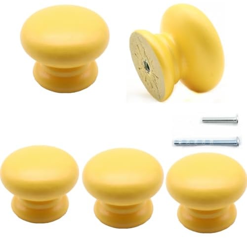 QYIMLI Lot de 5 boutons de placard ronds modernes en bois, jaune (3,5 cm de diamètre, base de 2,6 cm, hauteur 2,5 cm), 5 pièces