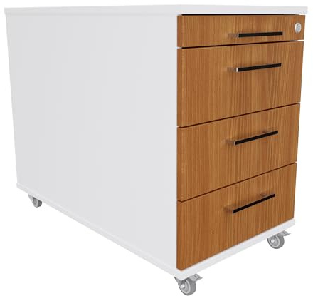 Eigentlich Rollcontainer 80 cm tief, 3 Schubladen und Materialauszug, Rollschrank B43xT80xH65 cm abschließbar, Schreibtischunterschrank versch. Farben (Korpus Weiß, Front Buche)