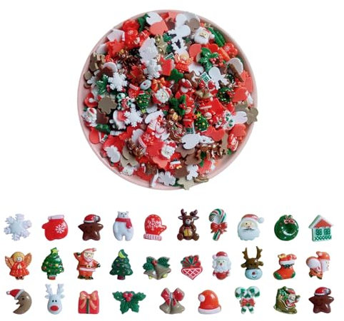 FUIPVGI 50 ciondoli assortiti in resina con retro piatto, albero di Natale, pupazzo di neve, campana, decorazione in resina per fai da te