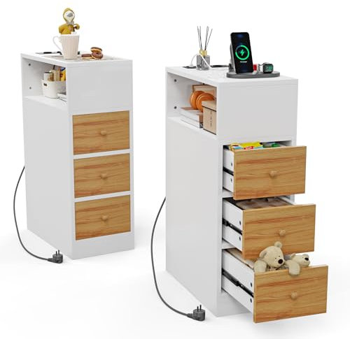 2er Set Nachttisch mit Steckdose, Beistelltisch schmal mit Schublade Offenen Fächern, Nachttische Holz, Tisch Wohnzimmer, Betttisch,Weiß Nachtschrank für Schlafzimmer,45x25x70 cm, Farbmischung