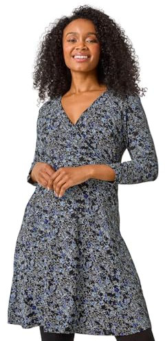 Roman Originals Wrap Tea Dress for Women UK Ladies Fit Flare Skater Swing Stretch Frill Long & Short Sleeve Evening Cocktail Party Work Office Smart Casual Knee Length - Petite Blue Noir - Size 18