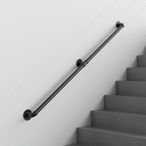 ONLT 360cm Main Courante de Tuyau Noire d'escalier avec Supports de Fixation Murale, Barres d'appui Noires rustiques et murales for Grenier d'escalier/Couloir/Villas/loft