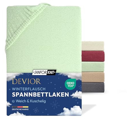 Devior Winterflausch Fleece Spannbettlaken, Eukalyptus, 180x200–200x220 – Für Boxspringbett – Weich, wärmend & pflegeleicht aus 80% Baumwolle – Winterbettlaken mit Gummizug