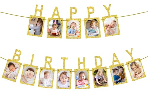 Happy Birthday-Fotobanner, glitzerndes Fotobanner aus Kraftpapier, Fotoalbum, Foto-Geburtstagsgirlande, Happy Birthday-Girlande für die Geburtstagsparty-Dekoration für Kinder und Erwachsene (Gold)