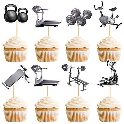 Blumomon 28Pcs Black Gym Themed Cake Decorations For Sports Equipment, Cupcake Toppers For Fitness Parties, Fitness Themed Birthday Party Supplies