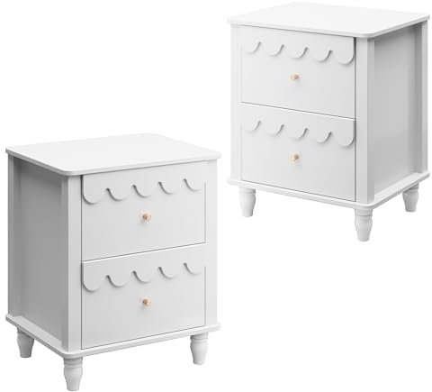 UEV Nachttisch 2er Set Boxspringbett Nachtschrank mit 2 Schubladen Nachtkommode Holz, Elegantes Design mit Wellenlinien Goldenen Griffen für Kinderzimmer Schlafzimmer Wohnzimmer 50x40x60cm Weiß