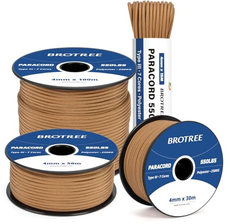 Brotree 550 Paracord 4mm 30m Schnur 100% Polyester Seil Reißfest Typ III 7 Kern für Armbänder, Basteln, Outdoor, Camping, Survival - Braun