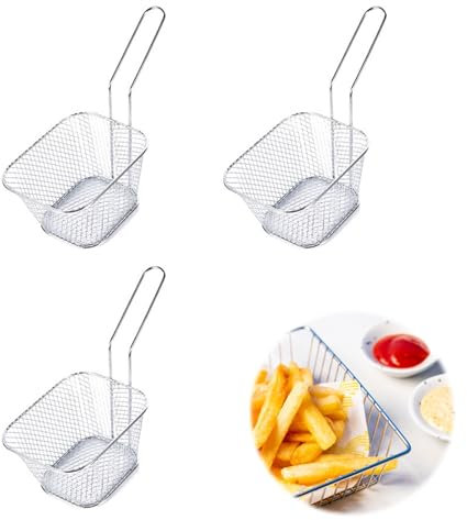Pommes Körbchen zum Servieren,Frittierkorb Klein Servierkörbchen Edelstahl, Mini Lebensmittelkorb Frittierkorb Mit Griff,Mini Frittierkörbe zum Servieren,für Pommes Frites Garnelen Zwiebelringen,3PC