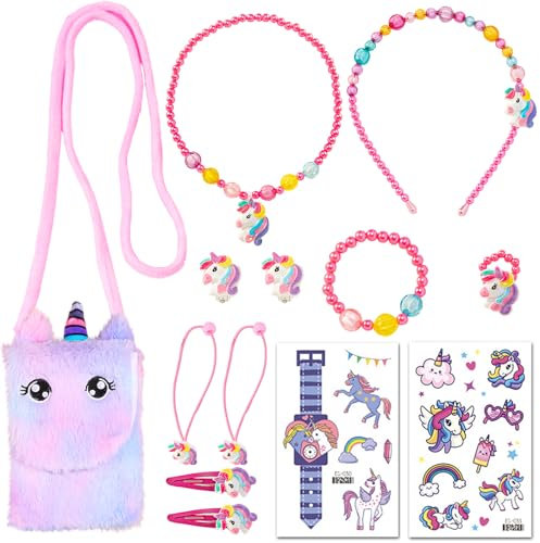 AUNGCSHE 13 Stuck Einhorn Handtasche Ostergeschenke, Schmuck Set, Einhörnern Kinderschmuck Halskette Armband, Ring, Haarspange, Einhorn Ostern Geschenke für Mädchen 3 4 5 6 7 8 9 10 Jahre(Lila)