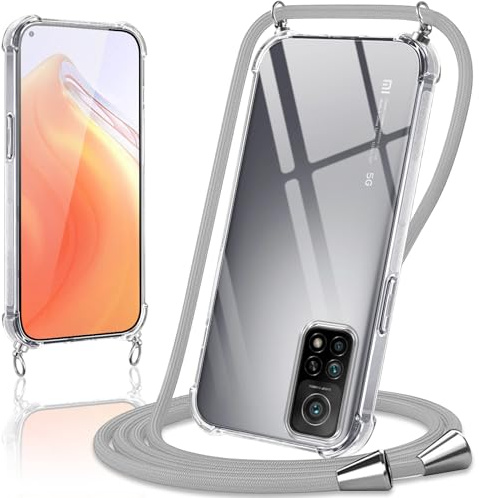 Coiwxmoi Handyband Handyhülle für Xiaomi Mi 10T/10T Pro 5G Hülle mit Band 6,67,Transparent Case mit Kette Abnehmbar zum Umhängen Kordel Schutzhülle,Weich Silikon TPU Stoßfest Cover,Grau
