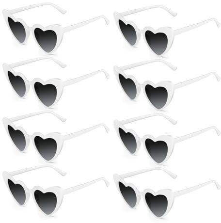 Bouiexye 8 Brillen Weiß Herzförmige Sonnenbrille, Bachelorette Vintage Herzbrille für Frauen Hochzeit Brautparty Dekorationen
