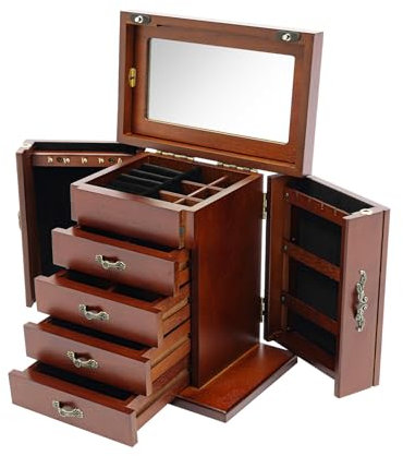 KiwiHood Vintage Holz-Schmuckkästchen mit 4 Schubladen, Elegante Schmuckorganizer-Box Retro Praktische Schmuckdose mit Spiegel für Halsketten, Ringe, Ohrringe & Uhren