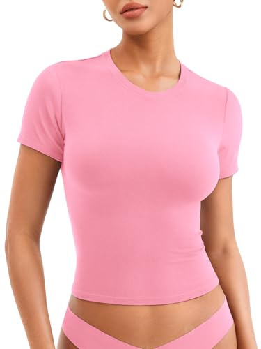 ZAAYO T Shirt Damen Sport Top Gym Oberteil Yoga Crop Top Rundhals Leicht Atmungsaktiv Sportshirt Gym Workout Kurzarm Shirt Basic Sportshirt Babyrosa M