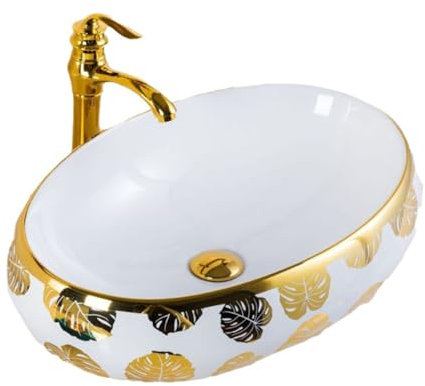 Lavandino Da Appoggio Lavabo da bagno dell'hotel Lavabo ovale sopra il tavolo Lavabo decorativo con fiore in foglia oro Lavabo Da Bagno