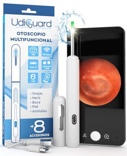 Otoscope Oreille avec Caméra 1920p 3,6mm Étanche WiFi Elimination du Cérumen - UdiGuard Endoscope Nettoyant Oreille Compatible avec iPhone iPad Android Blanc - 6 Lumières LED pour Chien Adultes Bebe
