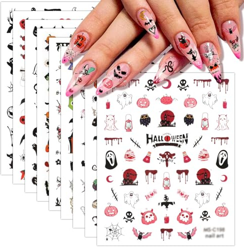 JSRQT 9 Sheets Nail Art Stickers Decals Halloween DIY Self Adhesive Transfers Horror Pumpkin Waterproof Manicure Tips Design Stencil Spider Ghost Witch Web Bat Cute Tattoo Accessories Decoration