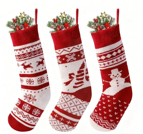 JOYIN 3 Pack 18 Knit Christmas Stockings, Large Rustic Yarn Xmas Stockings for Family Holiday Decorations