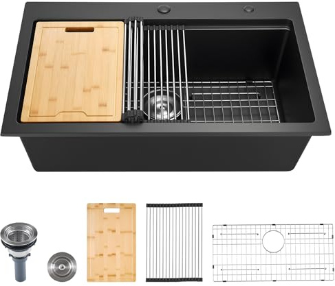VEVOR Fregadero de Cocina de Granito 84 x 56 x 25 cm para Montaje en Superficie, Fregadero Empotrado de Estilo Rústico con Accesorios, para Autocaravanas, Cocinas de Preparación y Bares, Negro