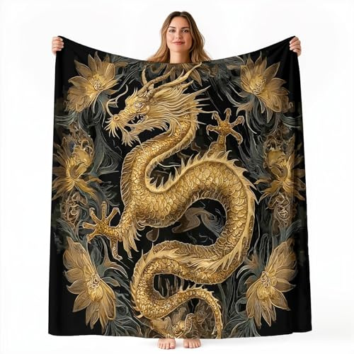 Flanelldecke Kuscheldecke 150x200 cm, Orientalisch Fantasy Goldener Drache Stil Super Weiche Wohndecke Warm Flauschige Bedruckt Decke TV-Decke Mikrofaserdecke Schwarz Sofadecke oder Tagesdecke