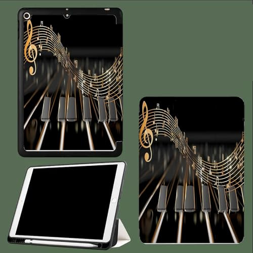 Funda para iPad 6.ª/5.ª Gen (2018/2017) 9,7 con portalápices, Delgada, Ligera Inteligente, con Soporte Plegable Triple y función de Encendido y Apagado automático,Notas Musicales Teclas De Piano