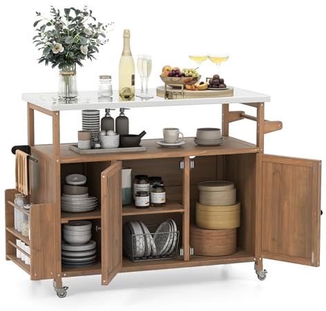 GIANTEX Desserte Plancha Exterieur à roulettes, Desserte Exterieur en Bois de Spain, Plan de Travail en Acier Inoxydable, Étagère Ouverte, Armoire, 2 Compartiments, Porte-Serviettes, 130 x 47 x 92 cm