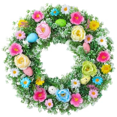 Folpus Ghirlanda di Fiori con Uova di Pasqua, Ghirlanda Decorativa per Porta di Pasqua, Ghirlanda di Foglie Verdi Artificiali per Porta d'ingresso, Patio per (Stile d)