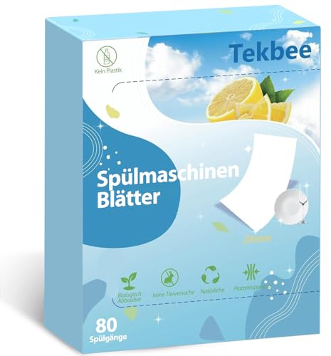 Tekbee Spülmaschinen Blätter– 80 umweltfreundliche Spülgänge | Mit Protease-Enzymen gegen Eiweiß & Fett | Pflanzlich, plastikfrei, Zitronenfrischer Duft
