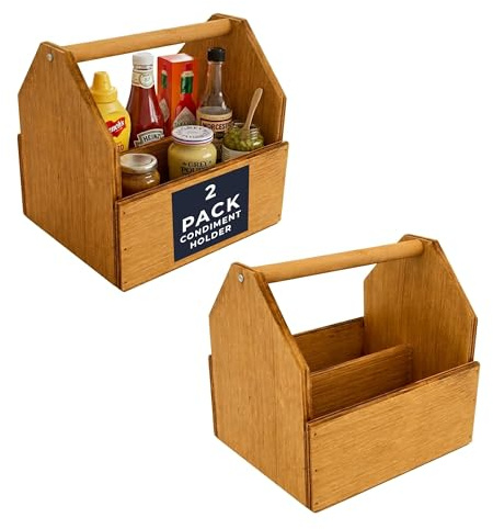 Chabrias Ltd 2 Pack 20cm Wooden Condiment Holder Caddy – Rustic Table & Countertop Organiser for Sauces, Napkins, Cutlery, Sugar & Spices – Kitchen, Café, Bar & Restaurant Table Storage – Light Oak