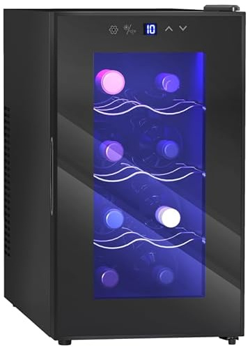 Homgoday Mini Table Top Wine Fridge, 8 Bottle, 17L, 8-18℃, 26.5cm Quiet Under Counter Wine Cooler Fridge with Glass Door, LED Light, Digital Touch Screen, Temperature Control ZSSWQ-UKT3398P343508UK