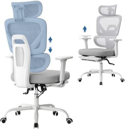 WOLTU Sedia da Ufficio Ergonomica, Sedia Girevole, Grigio | Regolabile con Ruote, Tessuto a Rete, con Braccioli 3D, Poggiatesta 3D, Supporto Lombare e Poggiapiedi, per Ufficio, Studio
