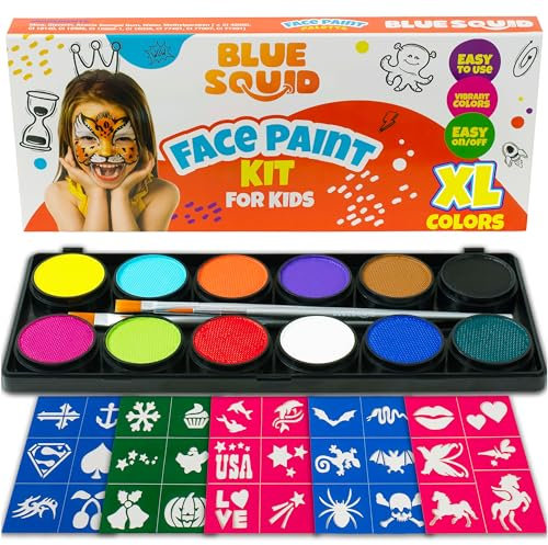 Blue Squid Face Painting Kit for Kids – Complete Face Paint Kit Palette, Stencils, 12 Colours - Safe for Sensitive Skin, Non Toxic Face Painting Kit Professional - Kids Party & Halloween Makeup Kit