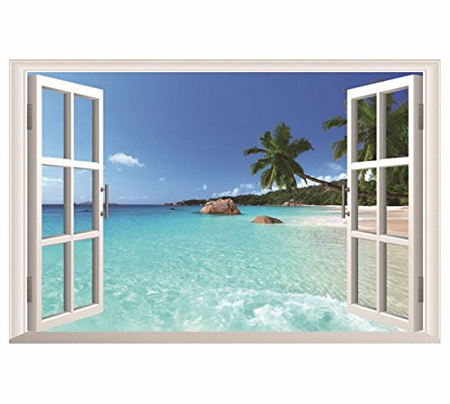 HALLOBO® XXL Wandaufkleber Fenster Hawaii Meer Insel Urlaub Wandsticker Wandtattoo Wall Sticker Wohnzimmer Schlafzimmer Deko Korridor Esszimmer