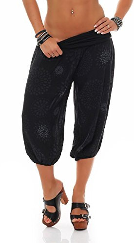 Malito - Damen Haremshose kurz mit Print - Pumphose aus Baumwolle - Leichte 3/4 Stoffhose - Pluderhose zum Tanzen, Chillen & Yoga - knielange Capri Hose 7182 (Schwarz)