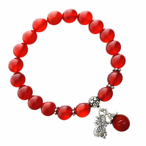 Bracelet Feng Shui fait à la main avec perles d'agate rouge et signe du zodiaque chinois, Dragon, Pierre, Agate