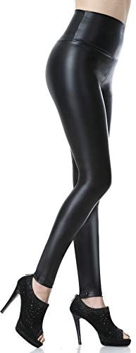 Everbellus Sexy Damen Faux PU Leder Leggins Hohe Taille Hüfthoch Strumpfhose Hose, M/Größe 36, Schwarz