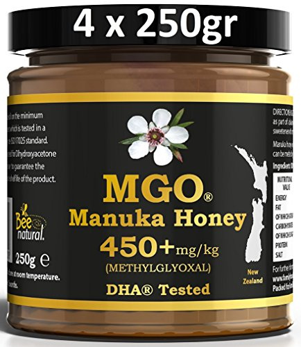 Manuka Honig BEE NATURAL MGO® 450+ 1000g (= 4 x 250g) / ECHTGLAS GLAS/ManukaHonig MGO 263 ≥ UMF 10, 300 ≥ 11, 400 420 ≥ 12, 514 ≥ 15, 550 ≥ 16, 600 ≥ 17, 696 700 720 ≥ 18, 800 ≥ 19, 829 850 ≥ 20