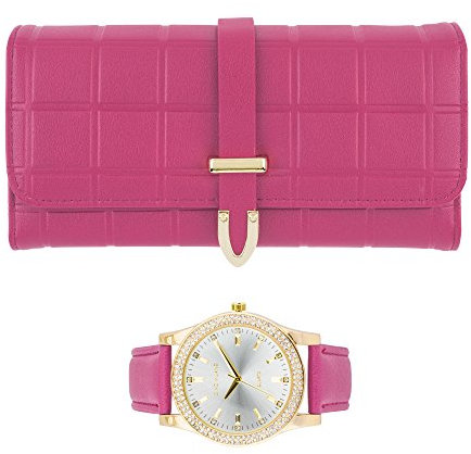 Gino Milano Elegante Damen-Armbanduhr mit Lederband und passendem dreifach gefaltetem Portemonnaie-Set, stilvolle goldene Uhr mit Leder-Clutch, perfektes Brieftaschen-Set für Damen, hot pink