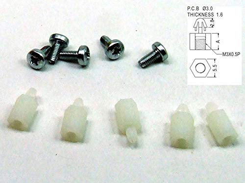 POPESQ® - 5 Pcs. x Standoff PCB 8mm M3-3mm with Screws White Plastic #A1988