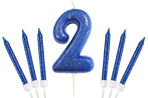 Gadget Giant Vela brillante con purpurina y 6 velas para tarta de cumpleaños con número 2, color azul
