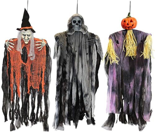 JOYIN 3 Stück 88,9 cm hängende Geister-Halloween-Dekorationen, Sensenmann, hängende Hexe für Halloween-Outdoor-Dekorationen (EIN Sensenmann, eine hängende Hexe und EIN hängender Sensenmann)